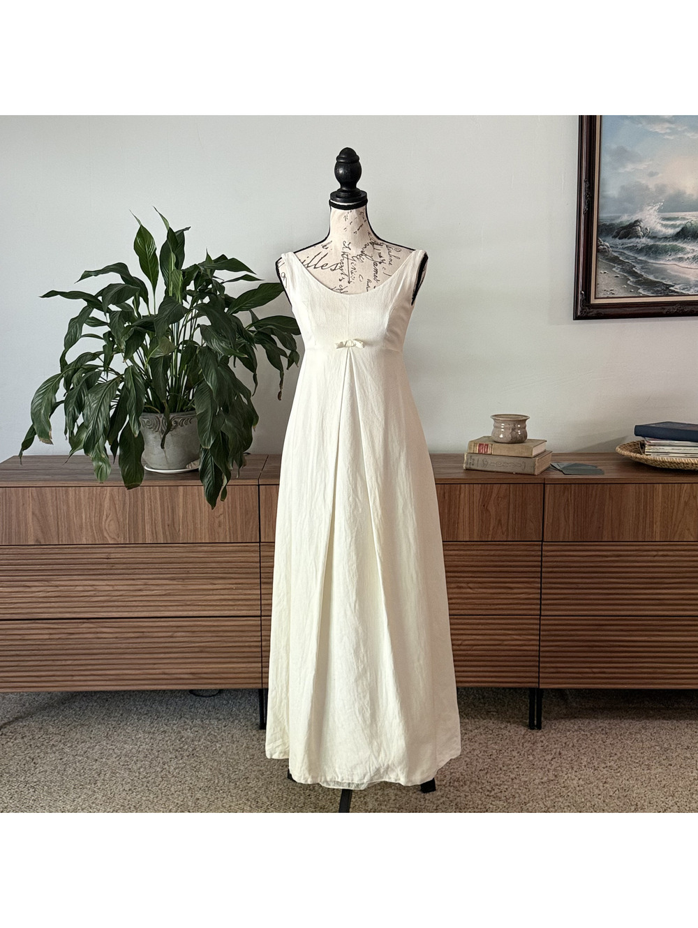 Vintage 1960s Ivory Bow Back Wedding Dress ILGWU Union Made Maxi Gown